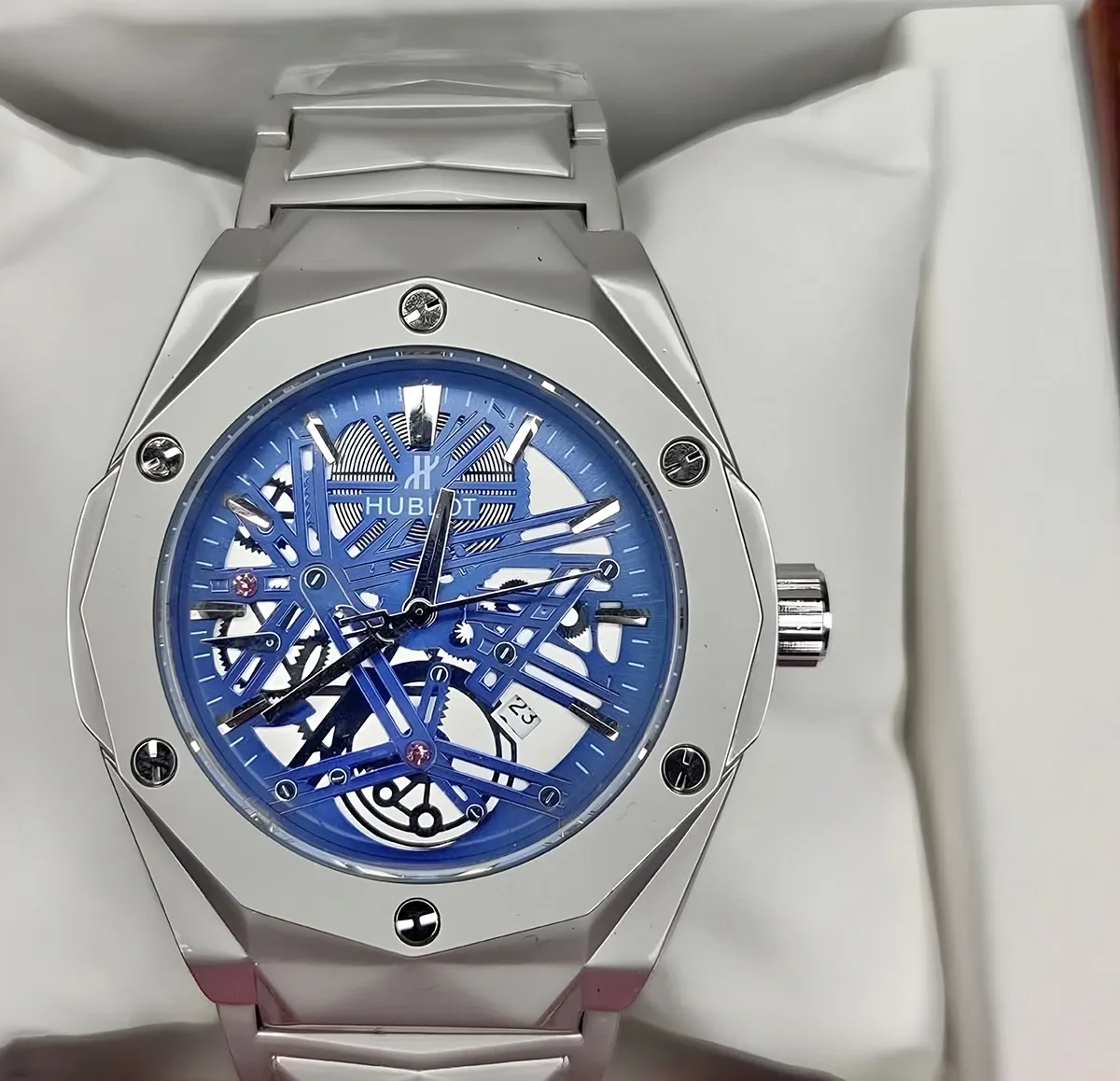 Hublot Watch | Silver White + Light Blue | Full Metal Chain & Inside Spider Design